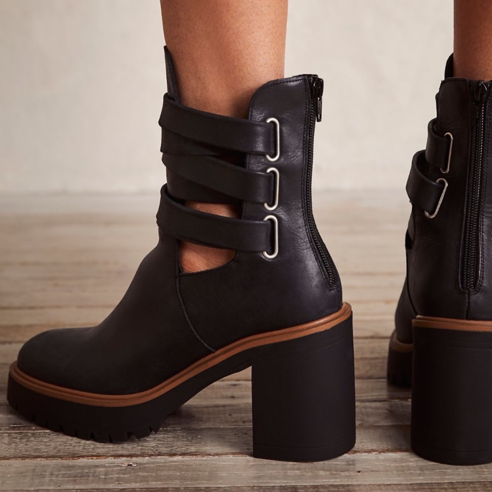 Free People Black Cutout Strap Block Heel Boots